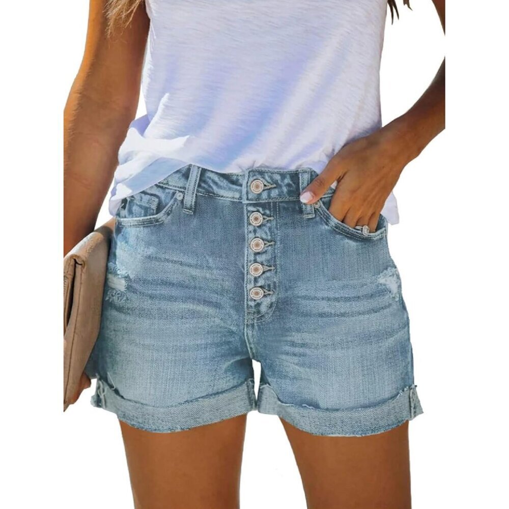Women's Denim Shorts High Waisted Ripped Button Frayed Stretchy Casual